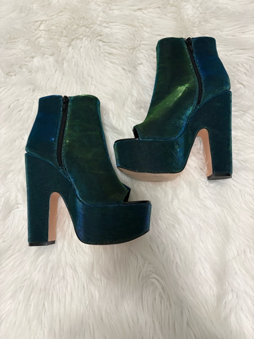 Lemon Drop Glam Rave Festival Iridescent Blue Green Open-Toe Ankle Booties